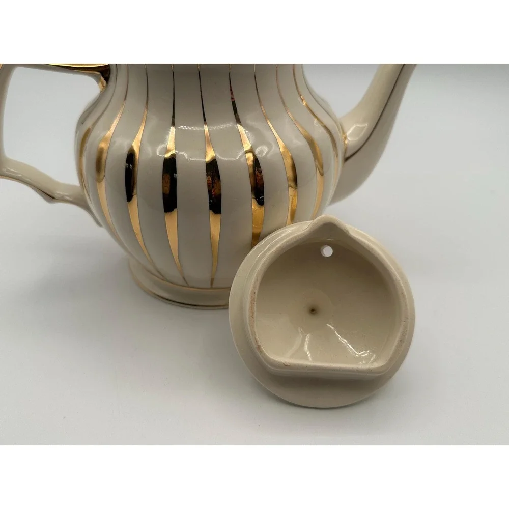 Vintage Sadler Teapot Cream Gold Striped English Porcelain Tea Pot